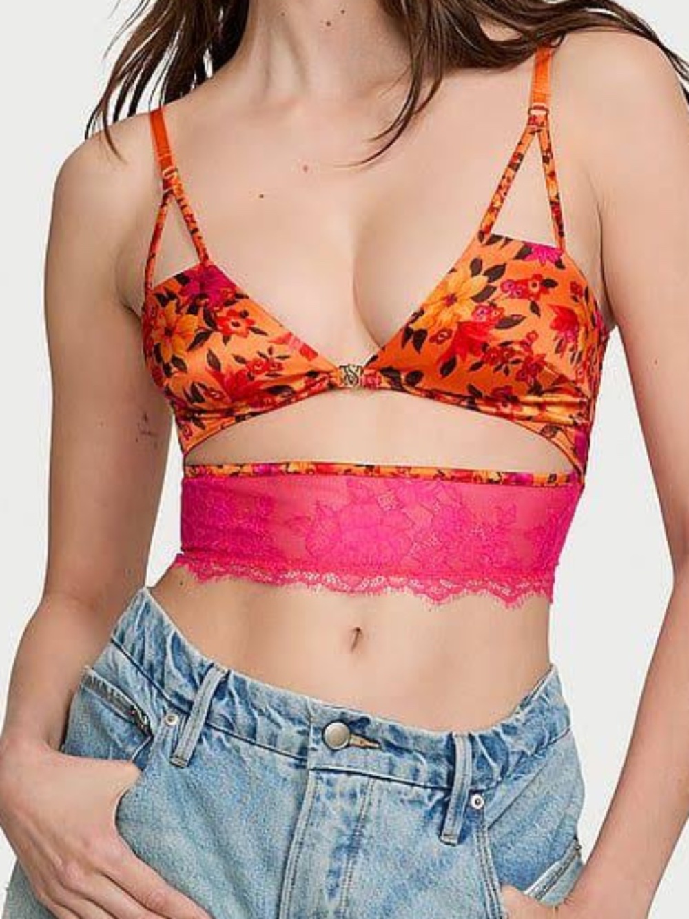 Victoria's Secret Floral Bralette Satin Top Pink Lace XS Orange Festival NWT